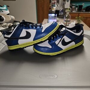 Nike Blue and White Sneakers with Prominent Swoosh and Stylish Design